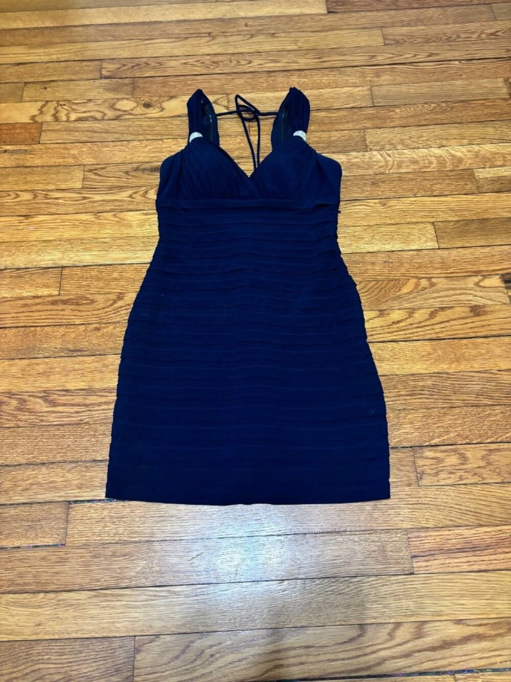 Cache Womens Mini Dress Size 6 Navy Blue Stretch Fitted Layered Look Rhinestones